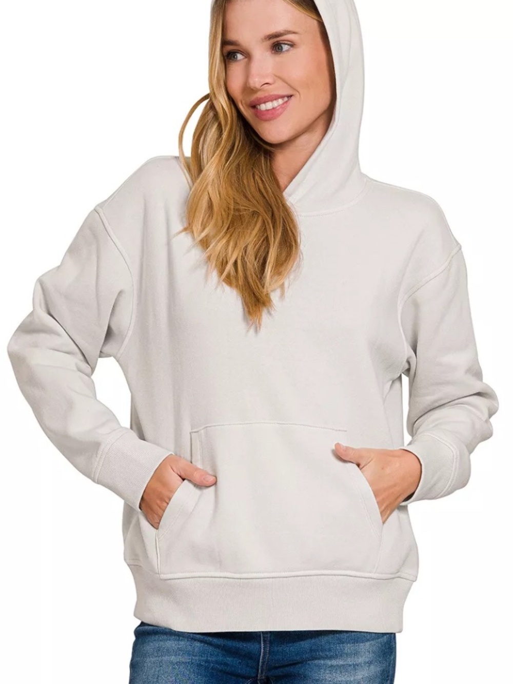 New Zenana Soft Fleece Pigment Dyed Kangaroo Pocket Bone Hoodie Women’s Medium - Picture 2 of 4